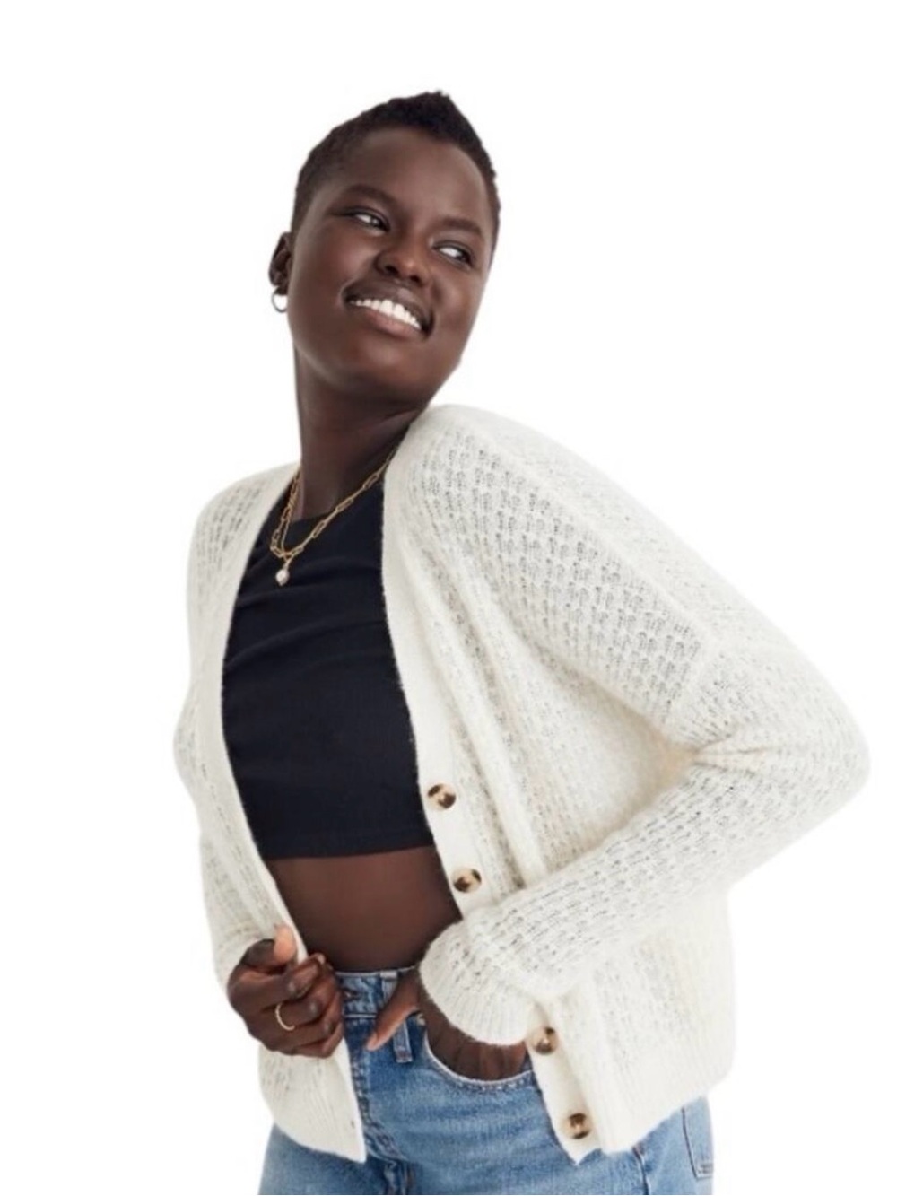 Madewell Open-Knit, Cream, Alpaca blend, V-neck, button Cardigan Sweater, medium